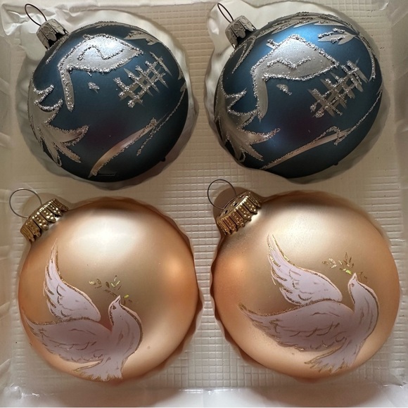 Vintage Set 4 Christmas By Krebs Blue Gold Glitter Glass Ball Ornaments Crowns - Picture 5 of 11